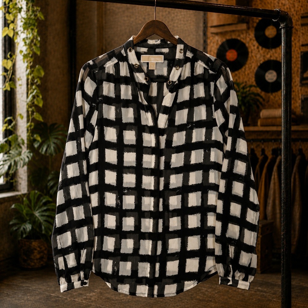 Michael Kors Grid Print Sheer Blouse Black White Grommet Neck Size M